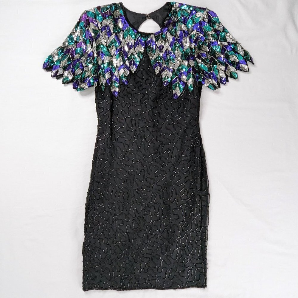 VTG Beaded Silk Black Silver Short Sleeve Colorful Sleeve Open Back Midi Dress
